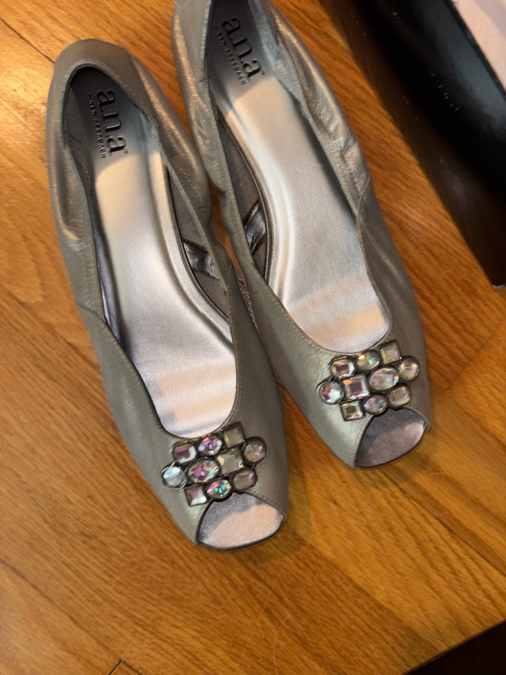 a.n.a Silver Metallic Peep-Toe Flats with Jewel Embellishment